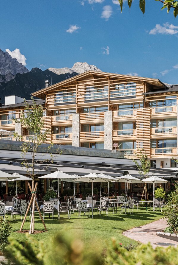 Terrace with Hotel Garden | 5 Star Wellnesshotel Schwarz, Mieming