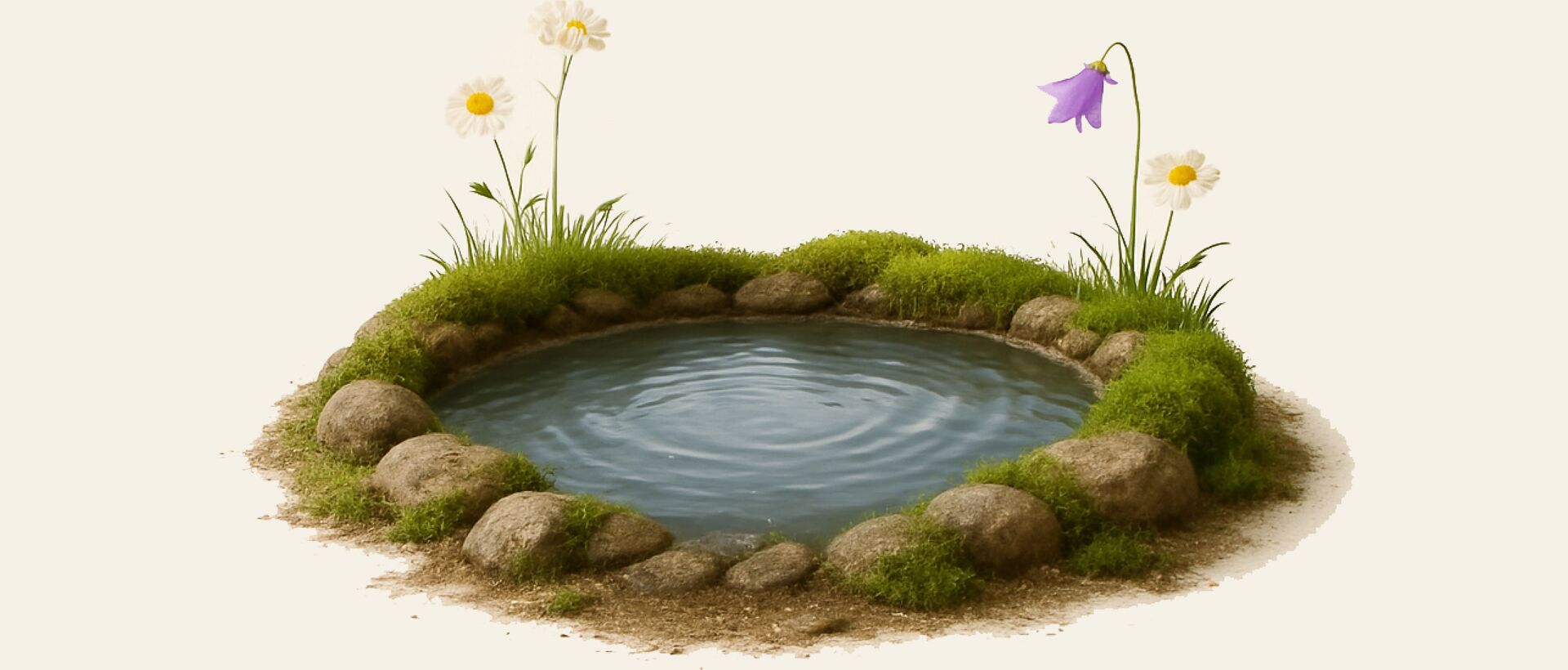 Small natural pond with flowers and stones – calmness, nature, and relaxation.