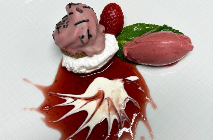 Dessert plate with pink ice cream, raspberry, mint and red sauce