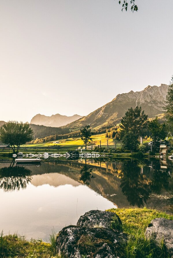 Wonderful Bathing Pond with Mountain Panorama | Übergossene Alm Resort, Wellnesshotel Salzburg