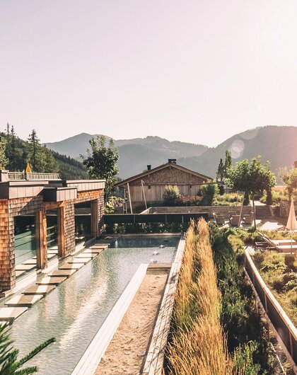 Pool area with mountain views on the Übergossene Alm
