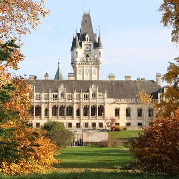 Schloss Grafenegg mit Turm und Uhr, umrahmt von herbstlichen Bäumen