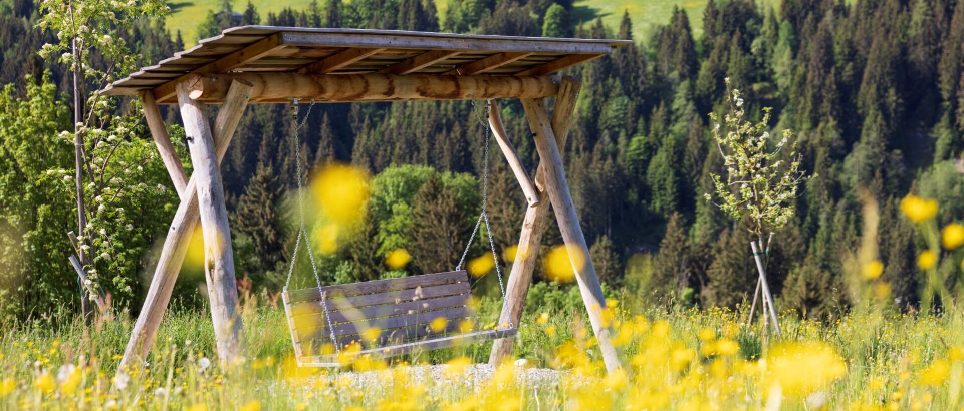 Holzschaukel auf blühender Wiese vor Bergpanorama mit Häusern und Wald