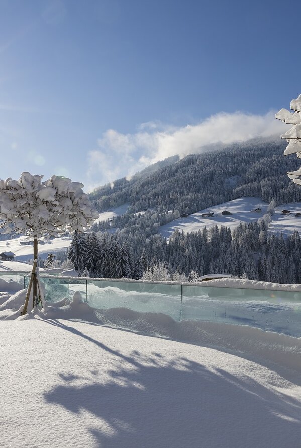 Verschneiter Garten mit Panoramablick auf schneebedeckte Berge und strahlende Sonne