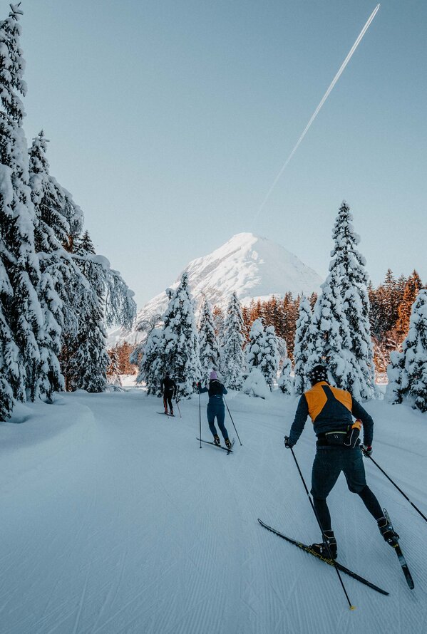 Langläufer auf Loipe, verschneite Bäume, Berg im Hintergrund | © TVB Seefeld