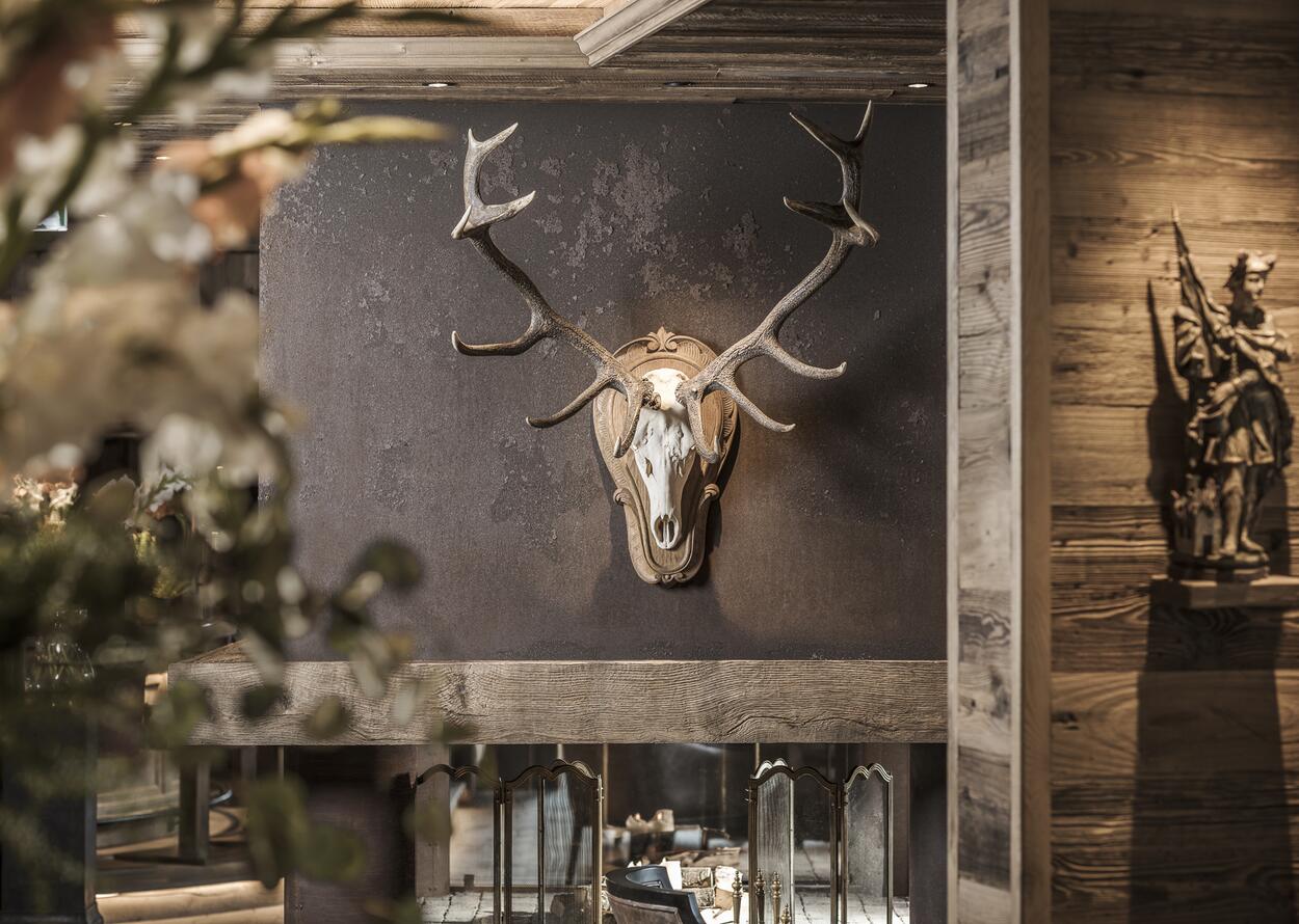 Deer antler trophy on a dark wall above a rustic wooden beam