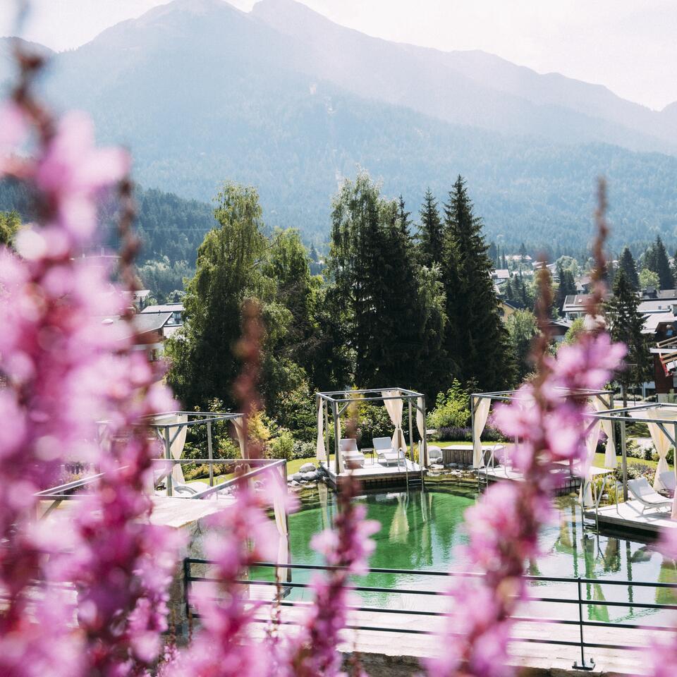 Poolanlage mit Cabanas vor Bergkulisse, im Vordergrund rosa Blüten