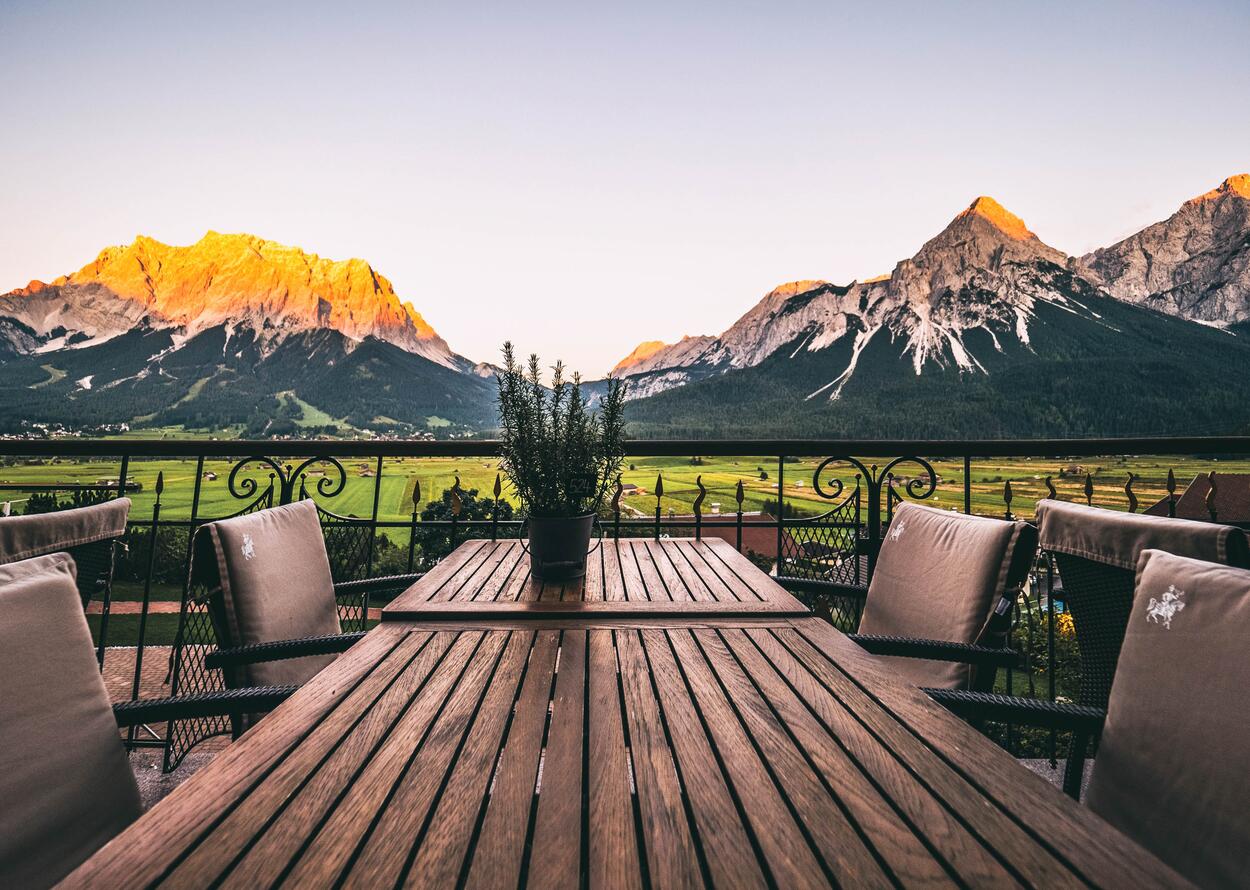 Terrace with Zugspitze view | Best Alpine Wellness Hotel Post, Austria