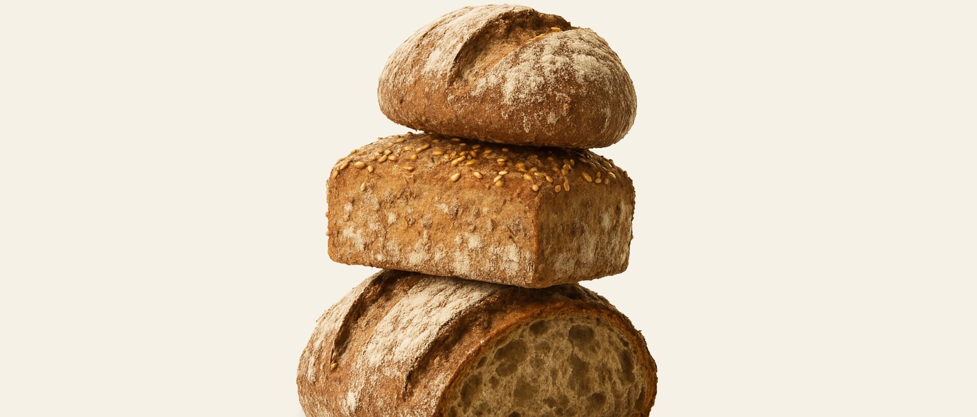 Stacked loaves of bread on a light background – rustic, fresh, and regional.