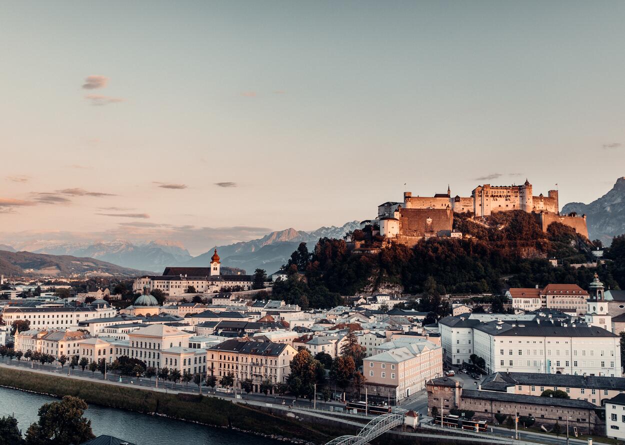 Salzburg Old Town with Hohensalzburg Fortress in the evening light