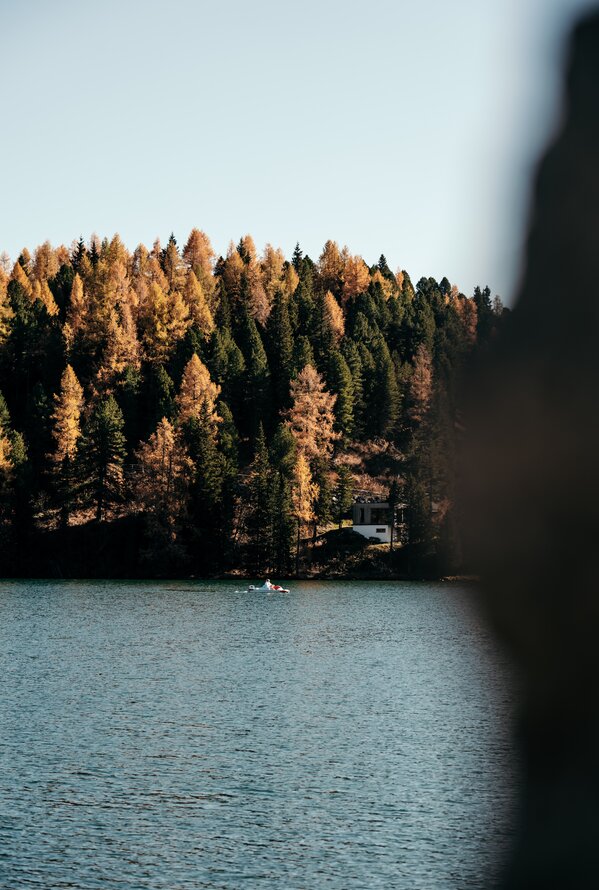 Ein ruhiger Bergsee spiegelt die herbstlichen Farben des Waldes unter klarem Himmel wider.