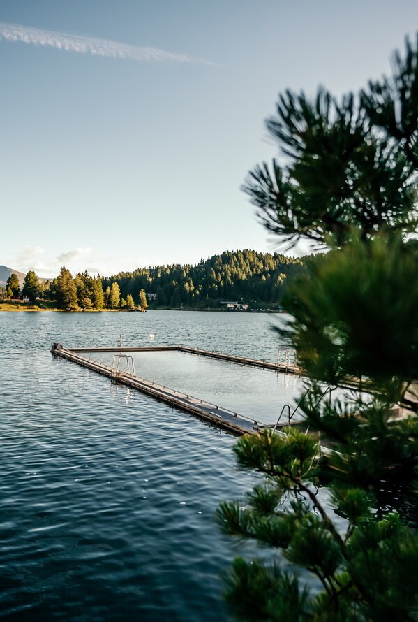 Ruhiger Badesteg auf einem idyllischen Bergsee, umgeben von Wald und Natur.