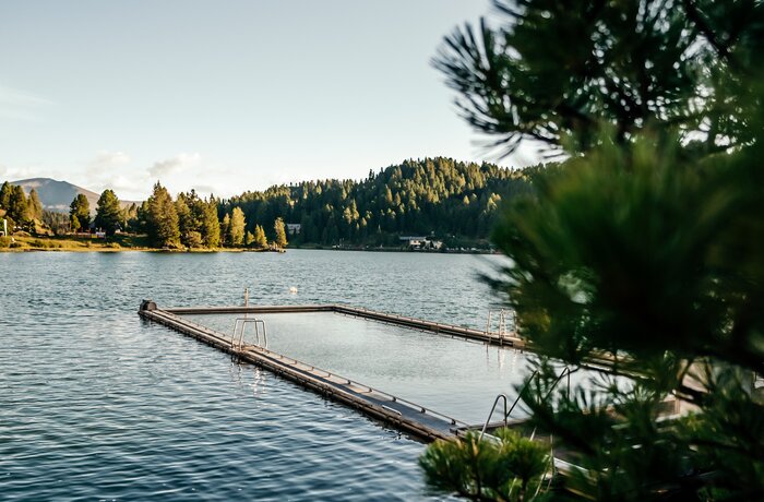 Ruhiger Badesteg auf einem idyllischen Bergsee, umgeben von Wald und Natur.
