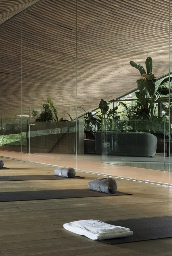 Heller Yogaraum mit Matten, Kissen und Pflanzen hinter Glaswänden