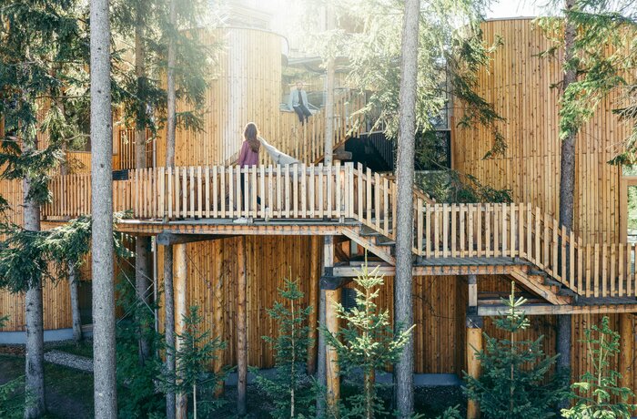 Baumhaus mit Holzfassade und Person auf der Terrasse im Wald