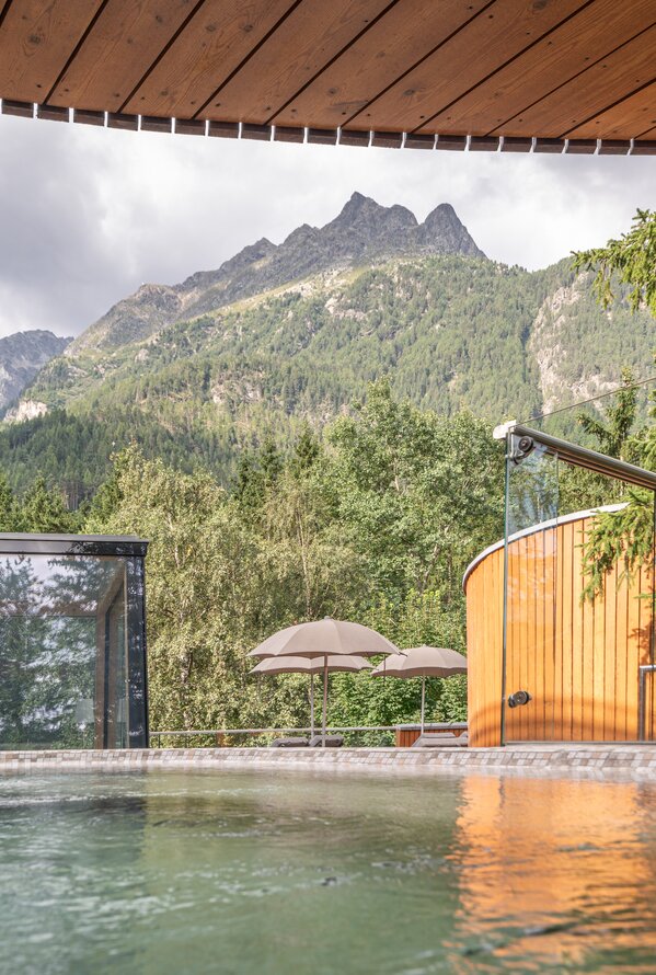 Ein Außenpool mit Holz- und Glaselementen bietet Blick auf bewaldete Berge und eine ruhige Naturkulisse.