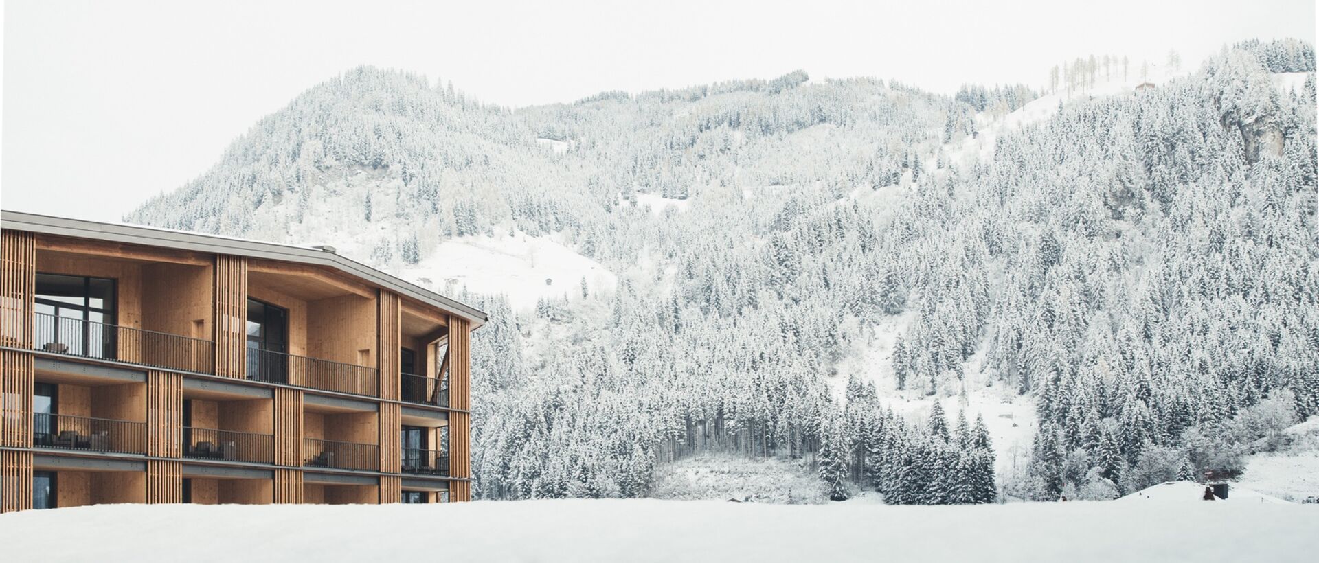 Hotel Nesslerhof in front of a snowy mountain landscape in winter