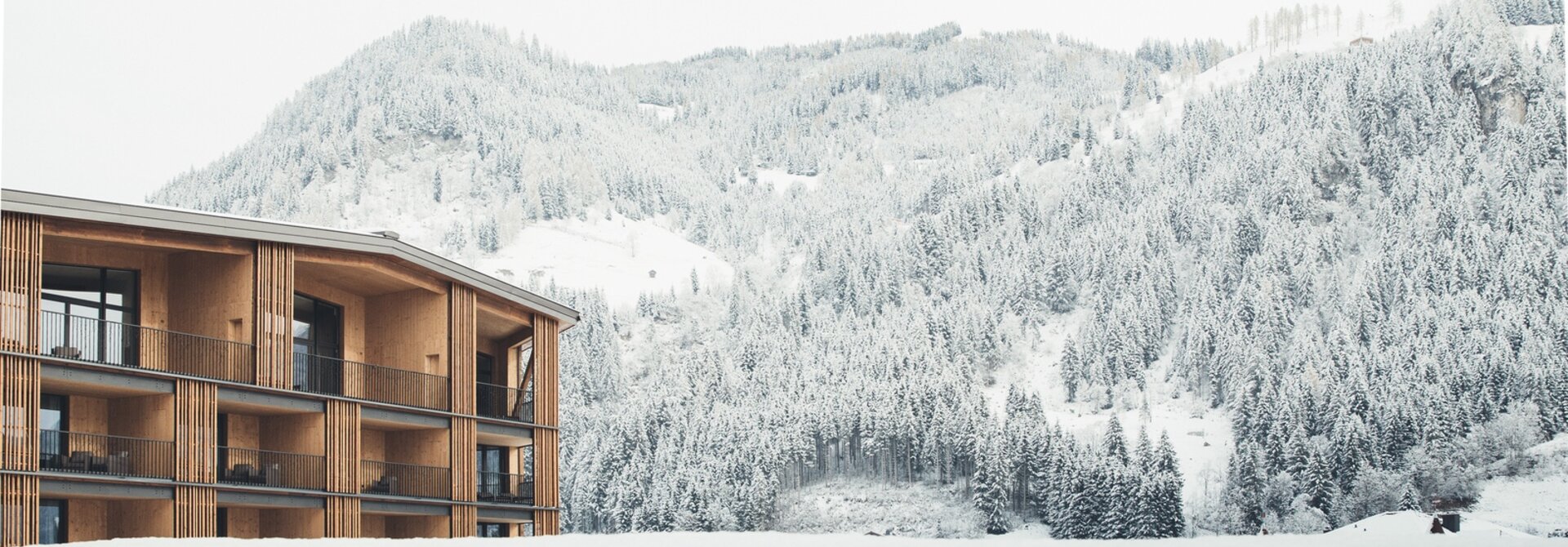 Hotel Nesslerhof vor verschneiter Berglandschaft im Winter