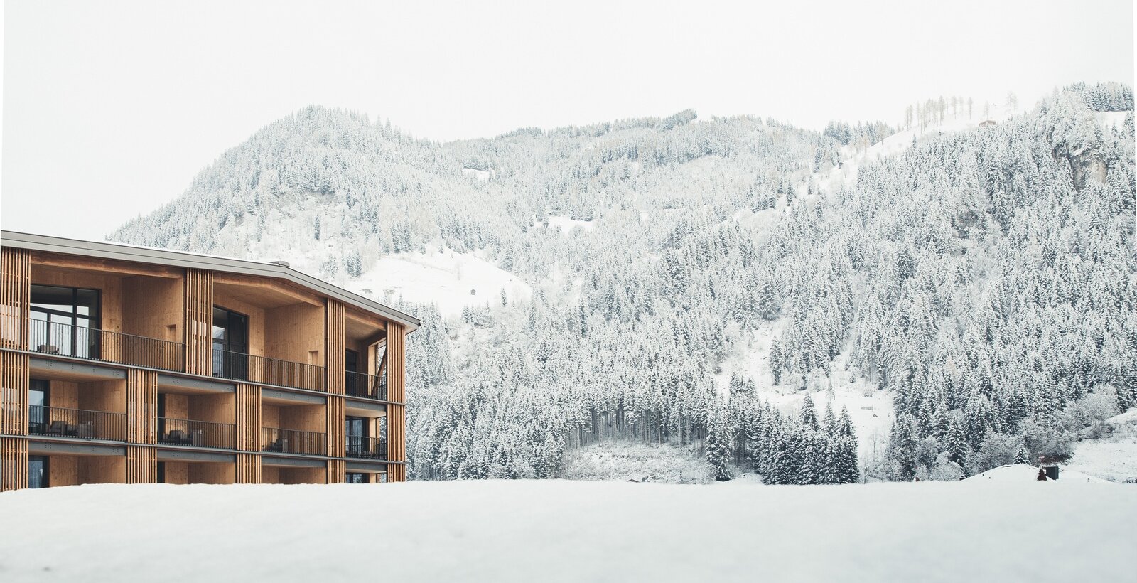 Hotel Nesslerhof vor verschneiter Berglandschaft im Winter