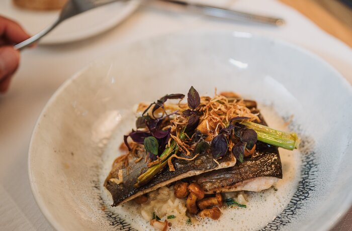 Ein fein angerichtetes Gericht mit Fisch und Gemüse wird in einem Restaurant serviert.