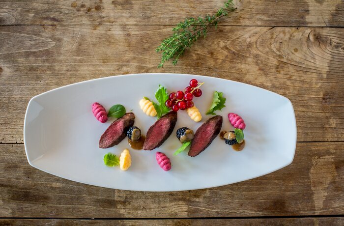 Venison fillet with berries, gnocchi and herbs on a white plate