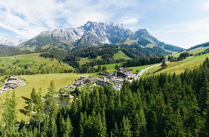 Breathtaking alpine panorama with lush forests, rolling hills, and a peaceful wellness retreat nestled in nature.