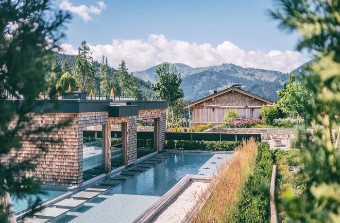 Outdoor pool with alpine panorama and modern spa area.
