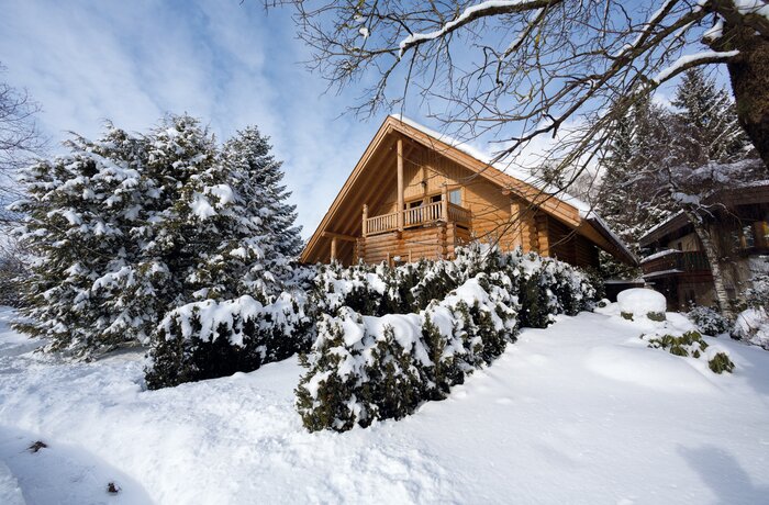 Holzhaus im Schnee zwischen Bäumen unter blauem Himmel