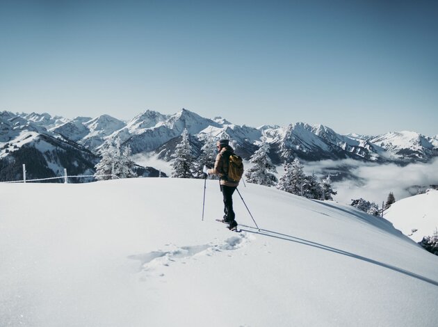 Wanderer mit Rucksack und Stöcken im Schnee vor Bergpanorama