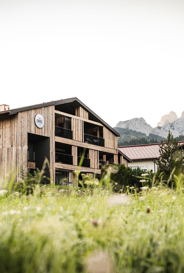 Modernes Alpenhotel inmitten blühender Wiesen und beeindruckender Bergkulisse – Naturgenuss pur.