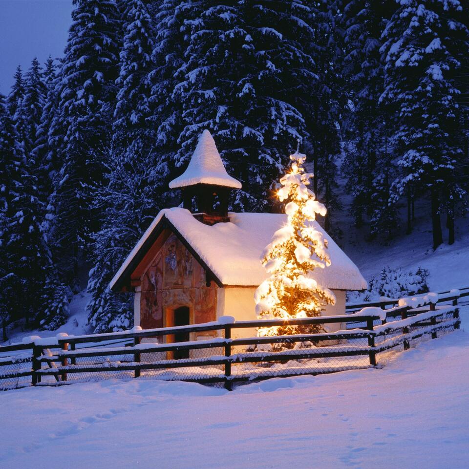 Verschneite Kapelle mit beleuchtetem Weihnachtsbaum vor dunklem Wald hinter Holzzaun