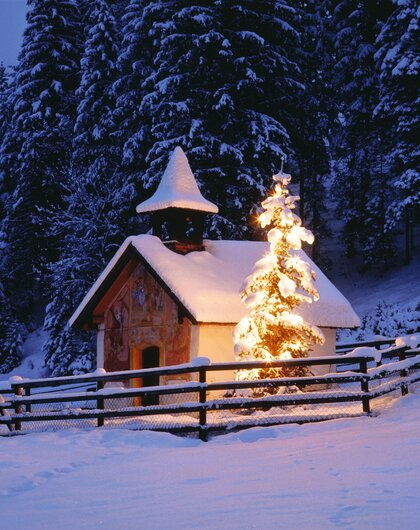 Verschneite Kapelle mit beleuchtetem Weihnachtsbaum vor dunklem Wald hinter Holzzaun