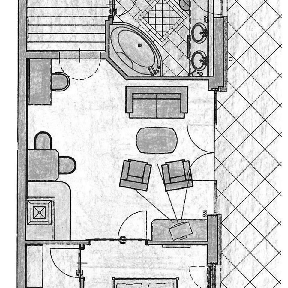 Floor plan of a bathroom with furniture and sanitary objects
