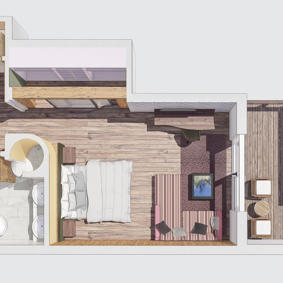 Top view of a hotel room with bathroom, bed, seating area and balcony