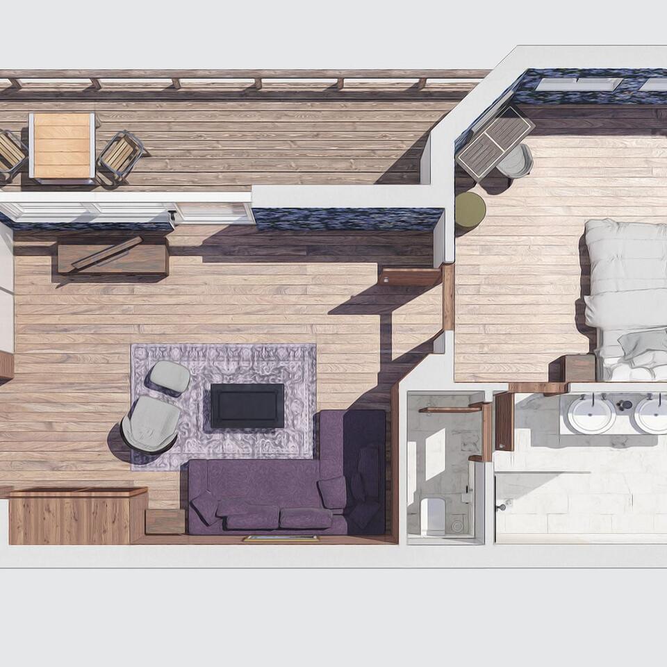 Top view of a hotel room with balcony, sofa, bed and bathroom