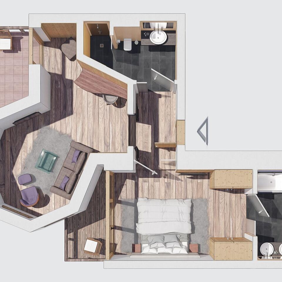 Top view of the floor plan of an apartment with living room, bedroom and bathroom
