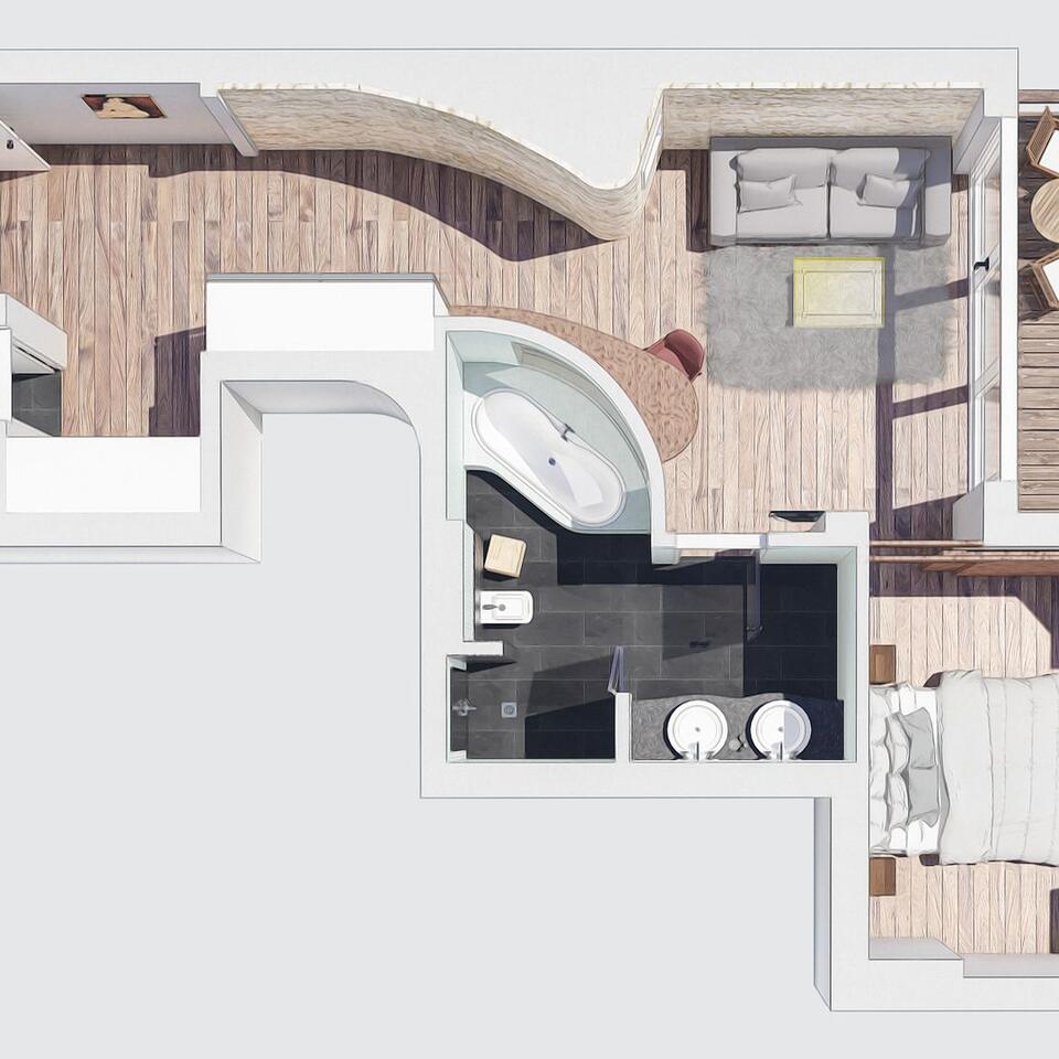 Top view of the floor plan of an apartment with living room, bathroom and bedroom