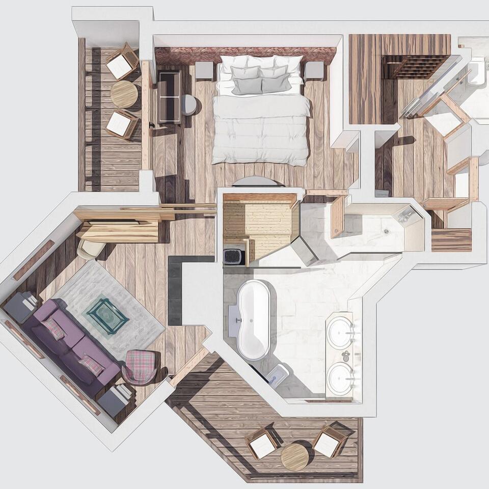 Draufsicht auf Grundriss einer Suite mit Schlafzimmer, Bad, Wohnzimmer und Balkonen