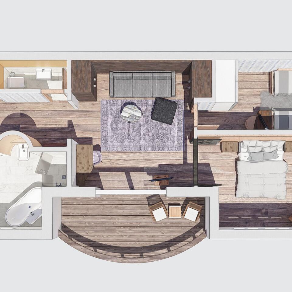 Top view of a hotel room floor plan with bedroom, living area, bathroom and balcony