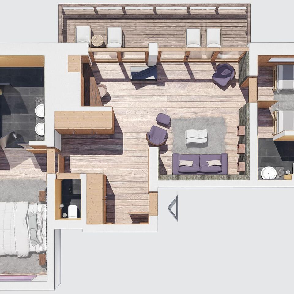 Top view of an apartment with living room, balcony, bedroom and bathroom
