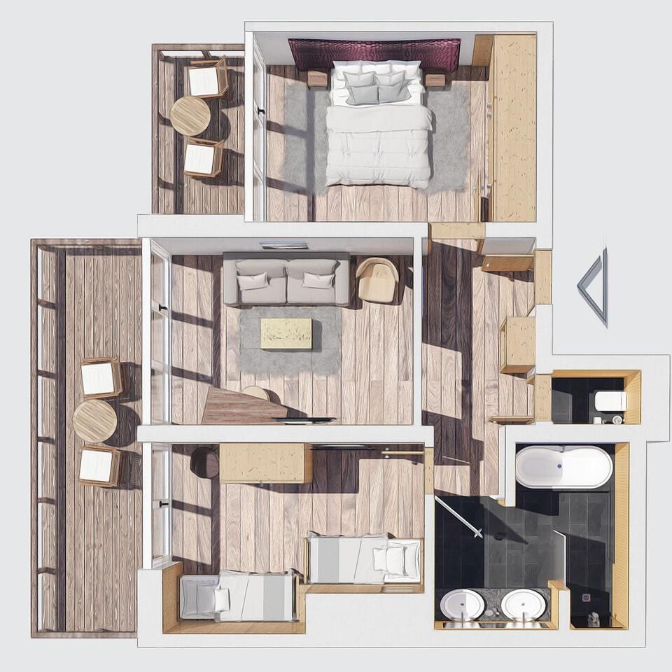 Top view of a hotel room with bedroom, living room, bathroom and balcony