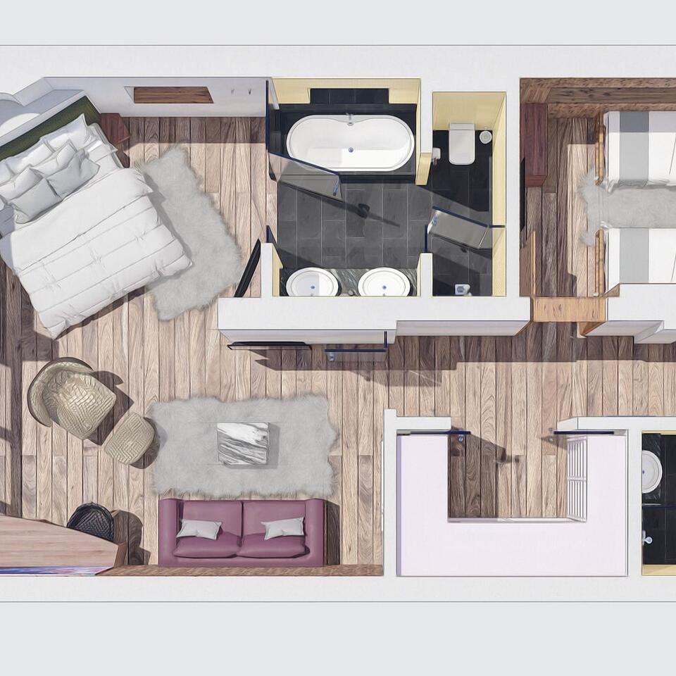 Draufsicht auf Grundriss einer Wohnung mit Schlafzimmer, Bad und Wohnbereich