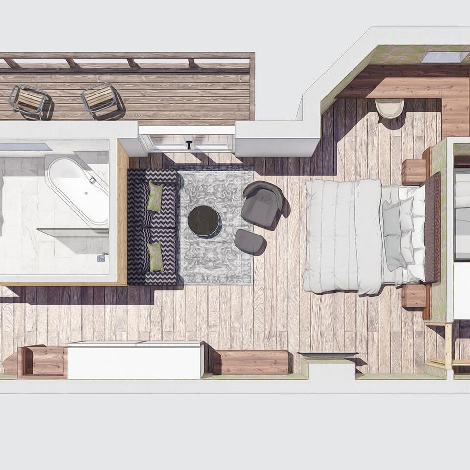 Draufsicht eines Hotelzimmers mit Balkon, Badewanne, Bett, Sessel und Teppich auf Holzboden