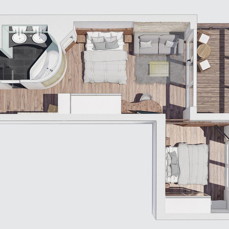 Draufsicht auf eine Wohnung mit Schlafzimmer, Bad, Wohnzimmer und Balkon