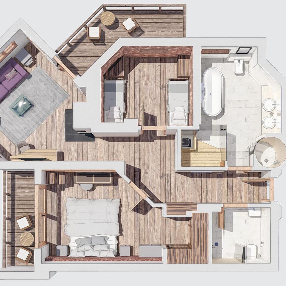 Top view of the floor plan of an apartment with bedroom, bathroom, living room and balcony