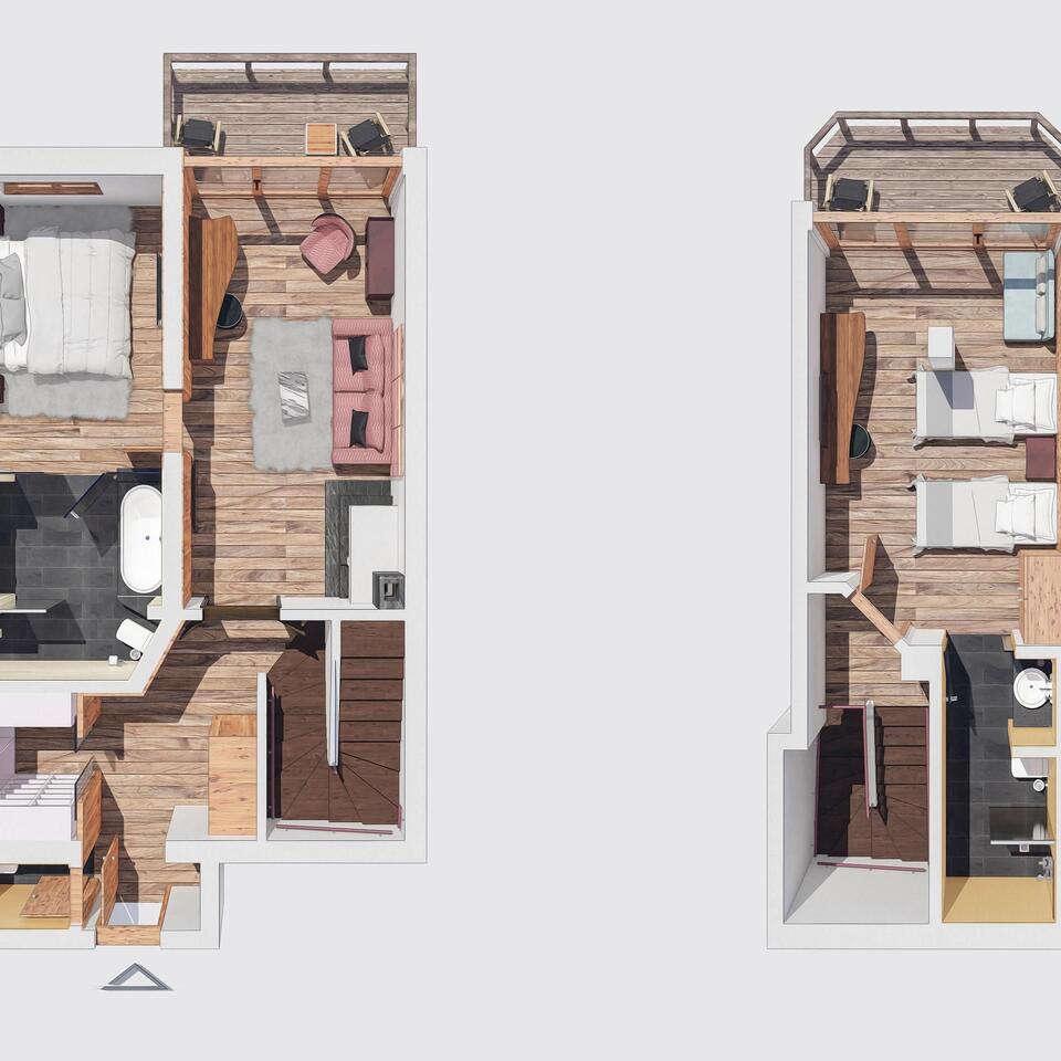 Top view of two apartments with bedroom, bathroom, living room and balcony