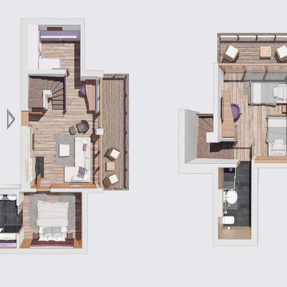 Draufsicht auf zwei Etagen eines Hauses mit Möbeln und Treppe