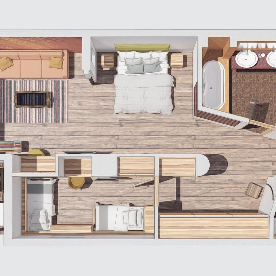 Top view of a living room with bedroom, bathroom, kitchen and living area