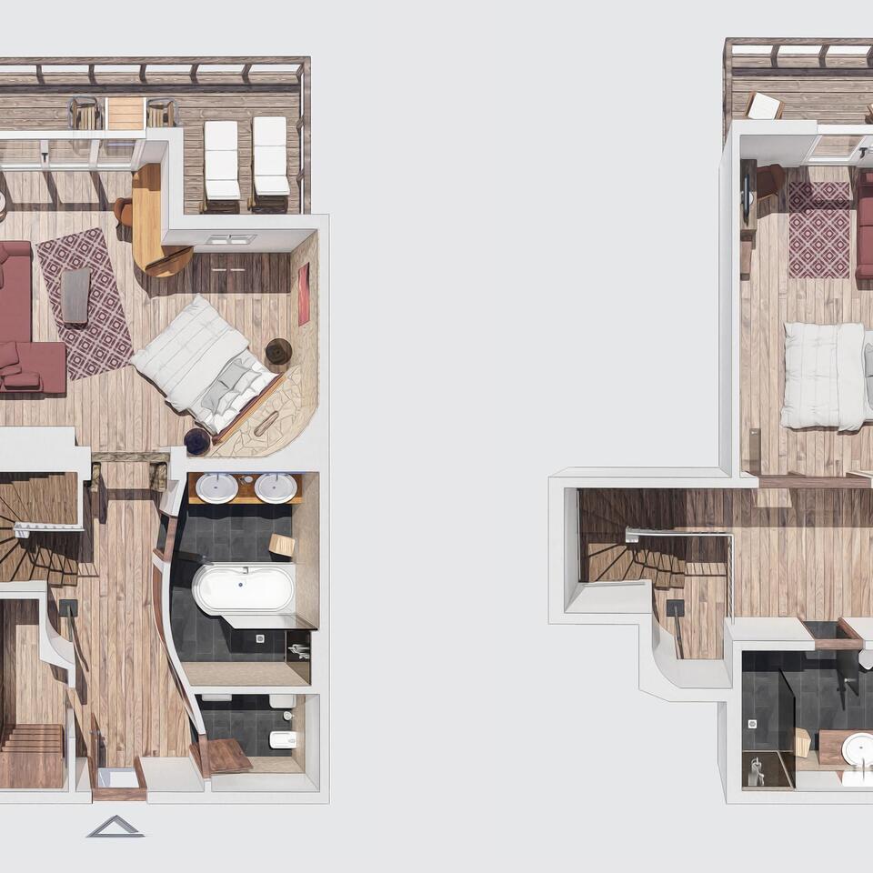 Floor plans of two apartments with bedroom, bathroom, living area and balcony