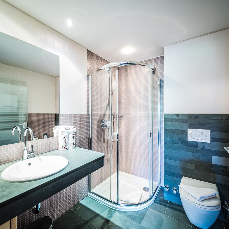 Modern bathroom with shower, sink and toilet